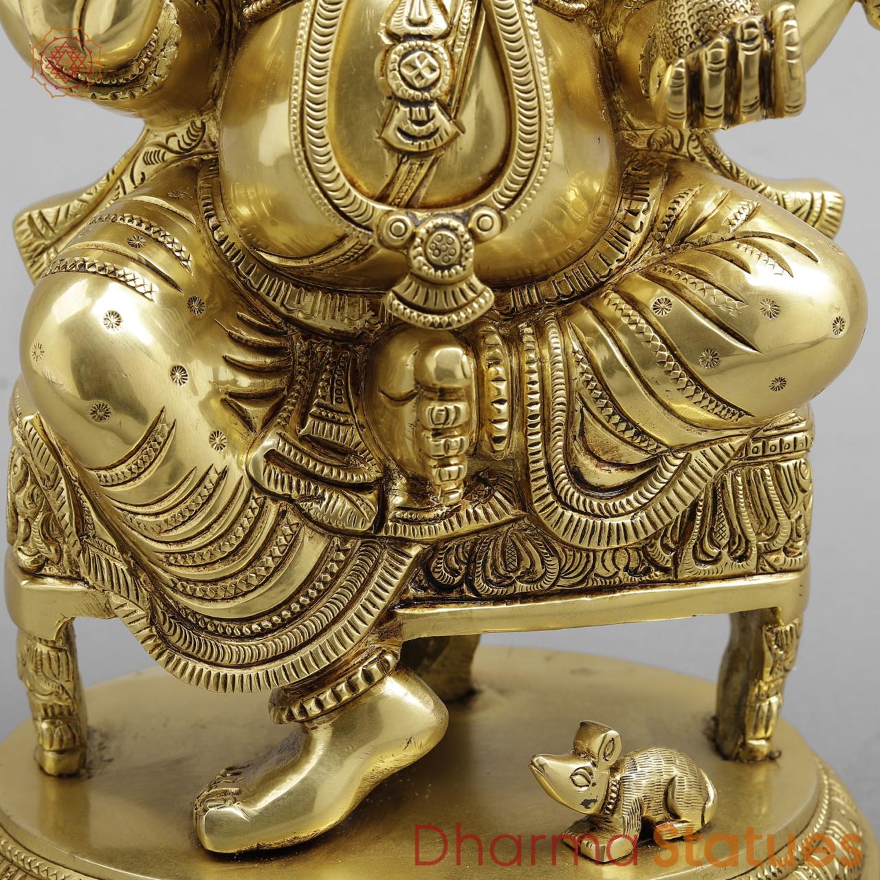 Brass Ganesh seated Fine on Chowki base, super fine Golden finish 15”