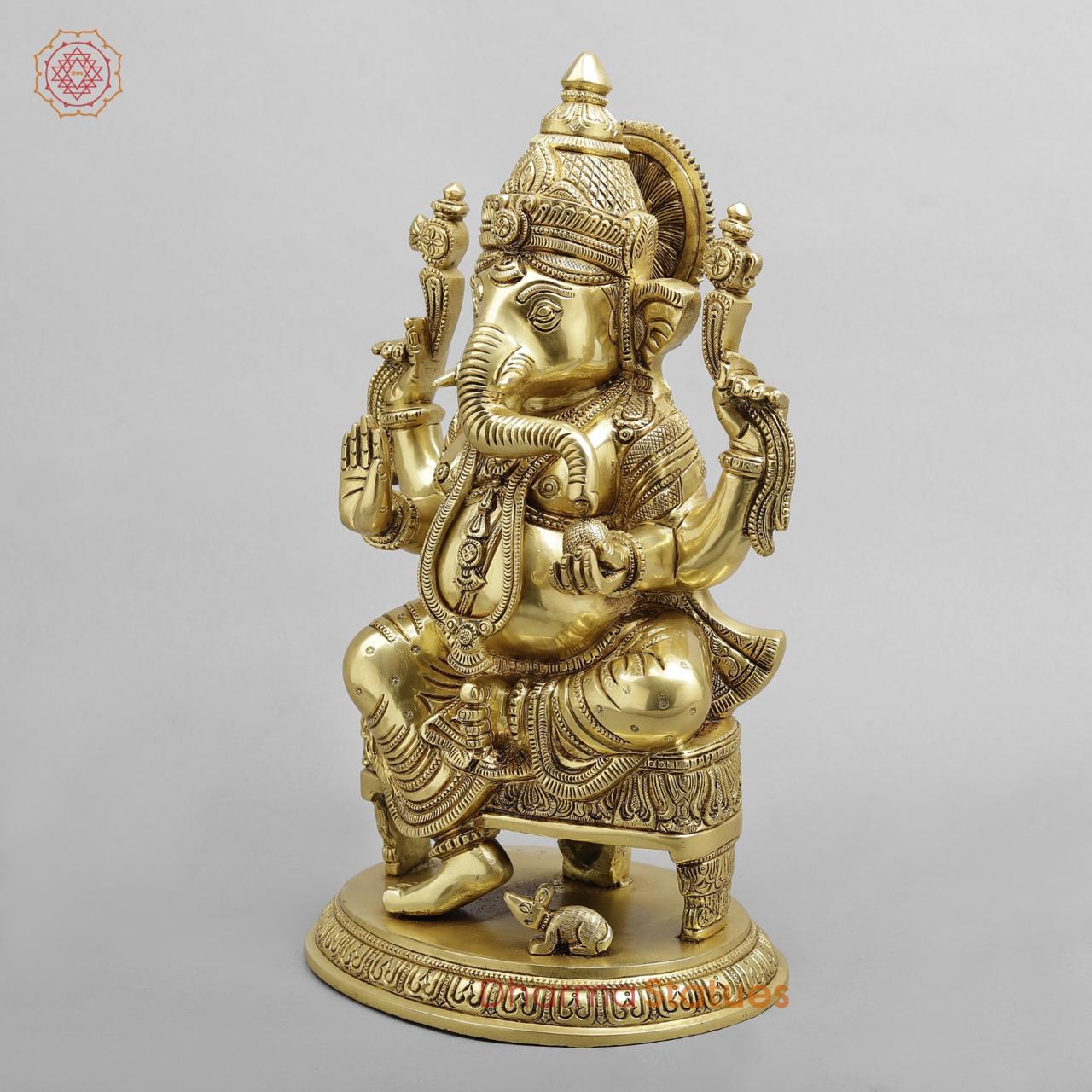Brass Ganesh seated Fine on Chowki base, super fine Golden finish 15”