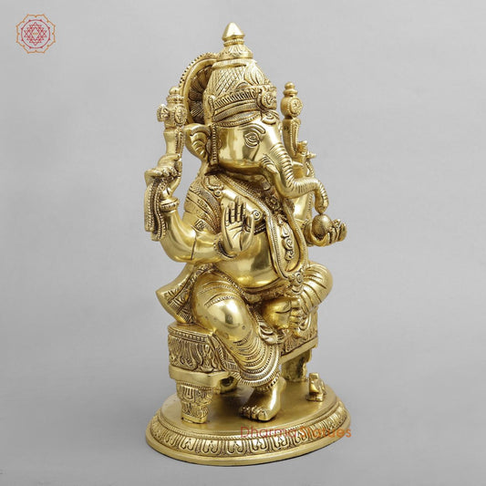 Brass Ganesh seated Fine on Chowki base, super fine Golden finish 15”