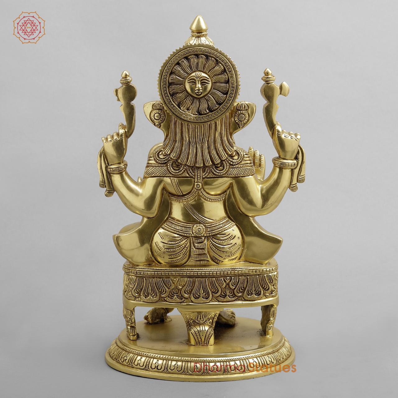 Brass Ganesh seated Fine on Chowki base, super fine Golden finish 15”