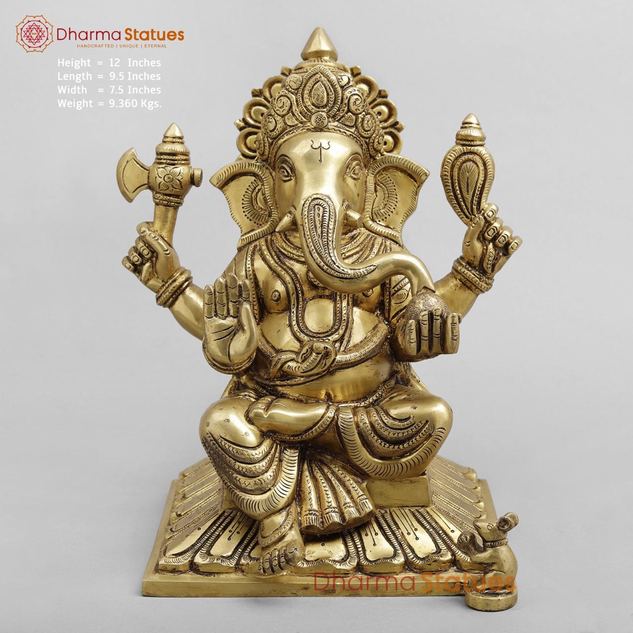 Brass ganesh Seated, Golden fine finish 12”