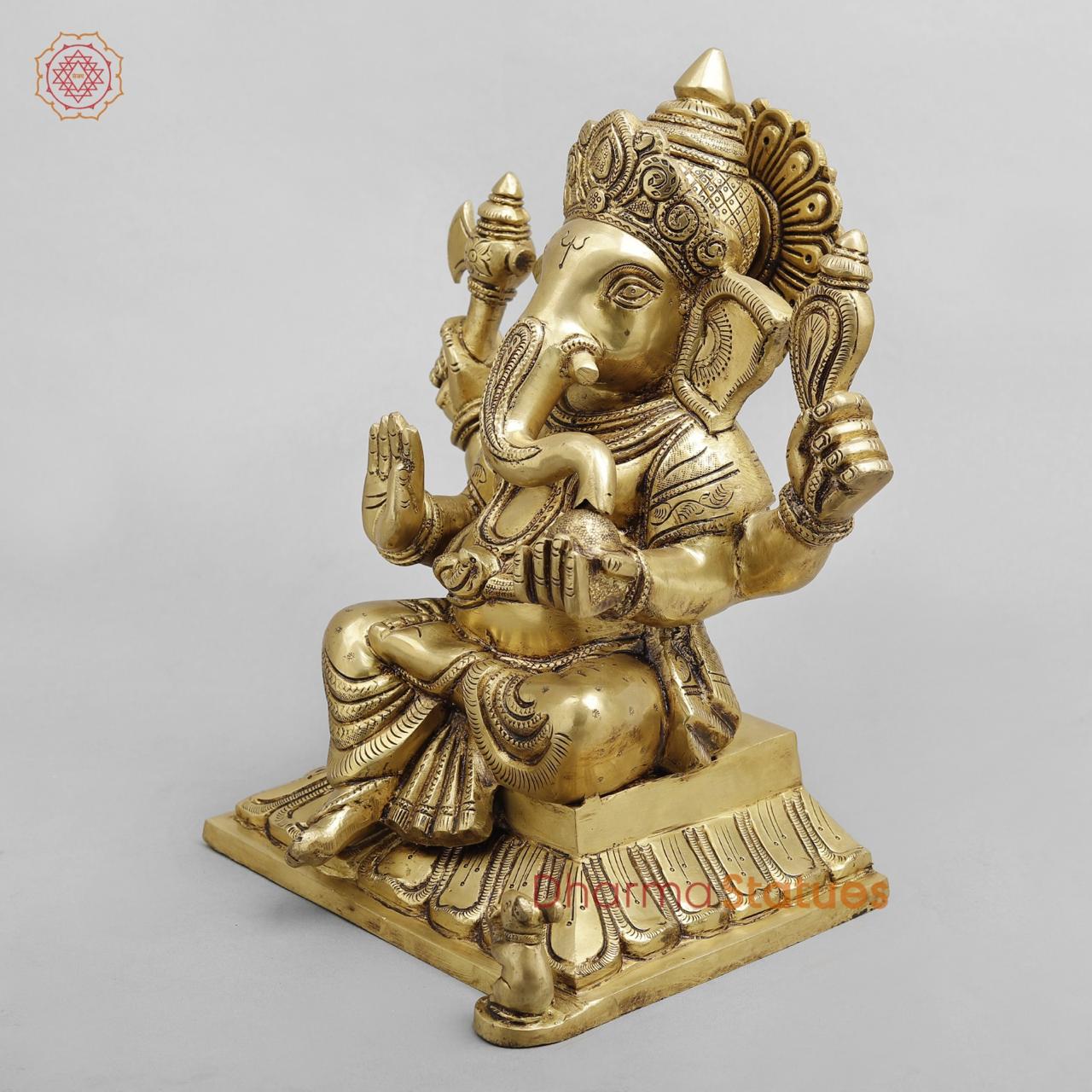 Brass ganesh Seated, Golden fine finish 12”