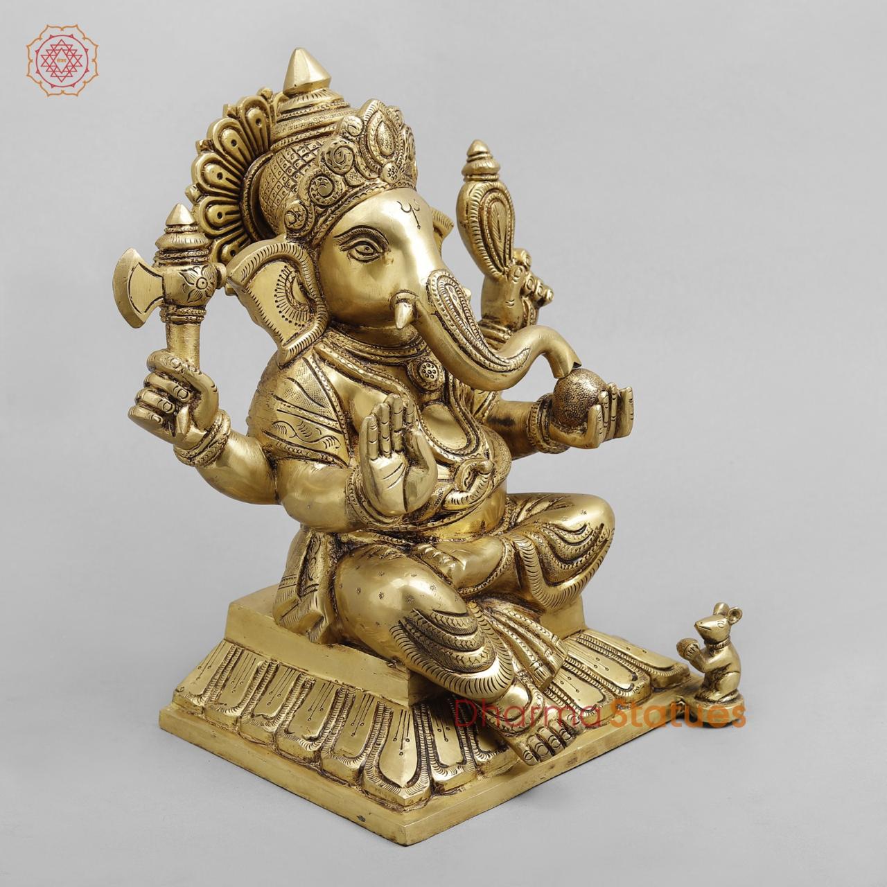 Brass ganesh Seated, Golden fine finish 12”