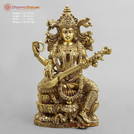 Brass Saraswati seated with fine Ornaments, superfine Golden finish 15”
