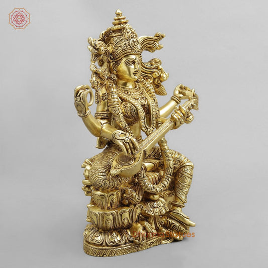 Brass Saraswati seated with fine Ornaments, superfine Golden finish 15”