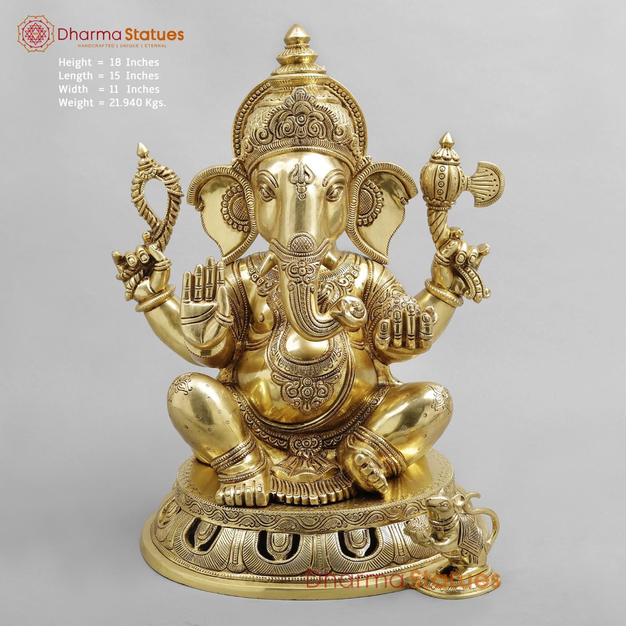 Brass Ganesh seated fine Carving, Fine Golden finish 18”