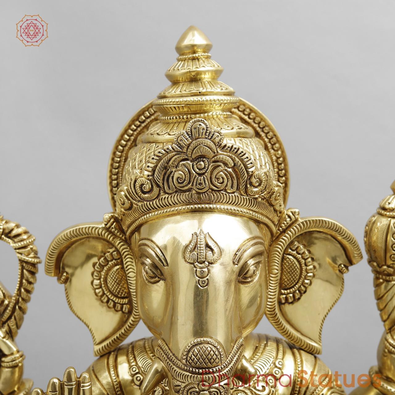 Brass Ganesh seated fine Carving, Fine Golden finish 18”