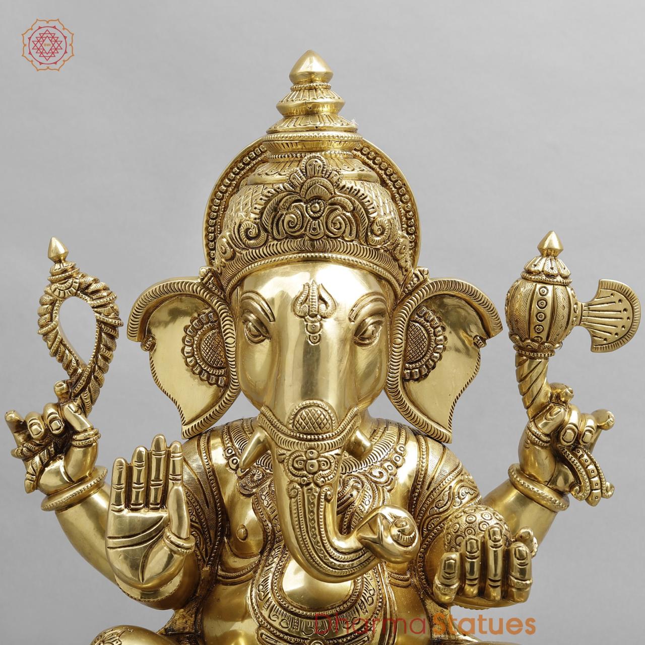 Brass Ganesh seated fine Carving, Fine Golden finish 18”