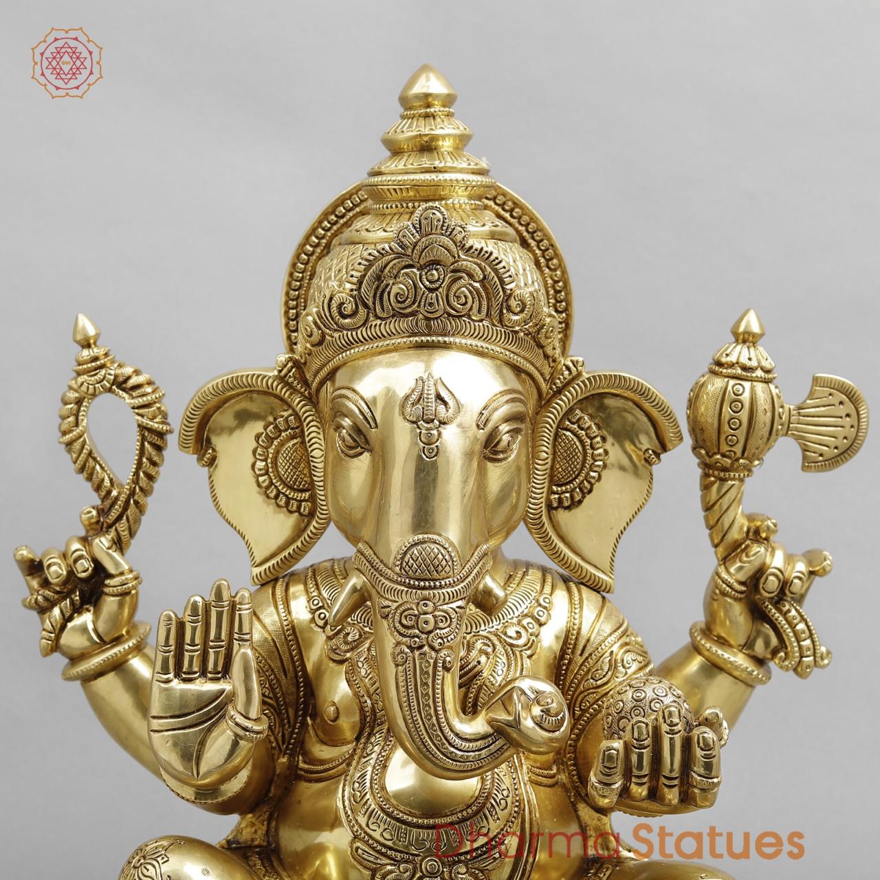Brass Ganesh seated fine Carving, Fine Golden finish 18”