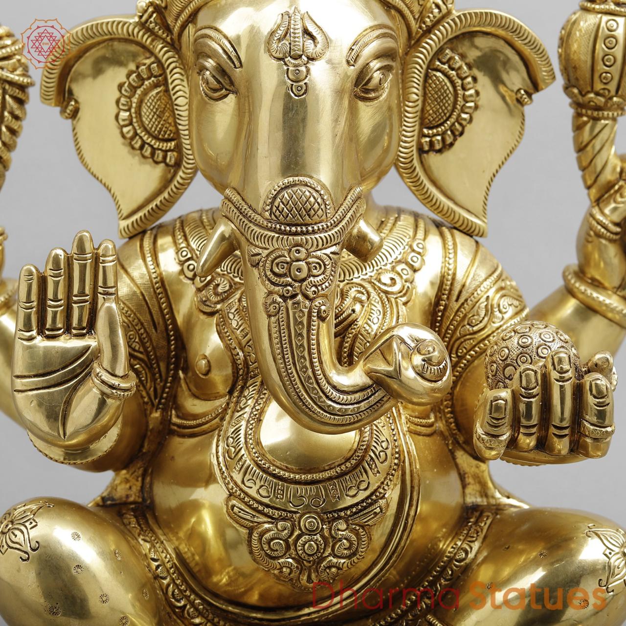 Brass Ganesh seated fine Carving, Fine Golden finish 18”
