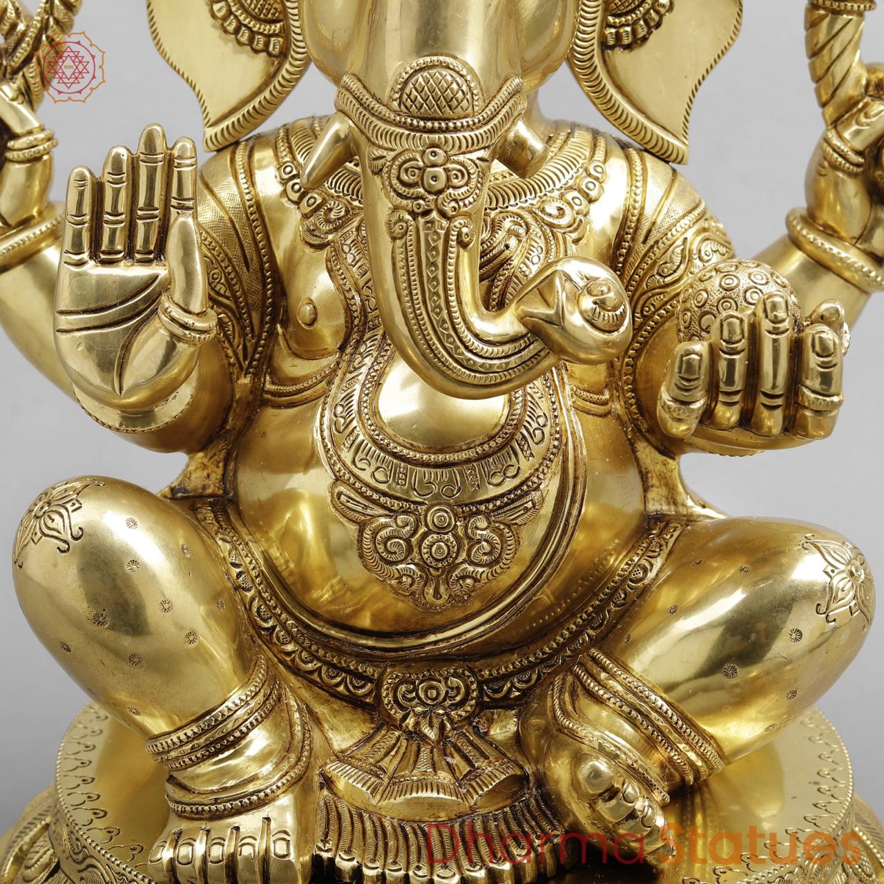 Brass Ganesh seated fine Carving, Fine Golden finish 18”