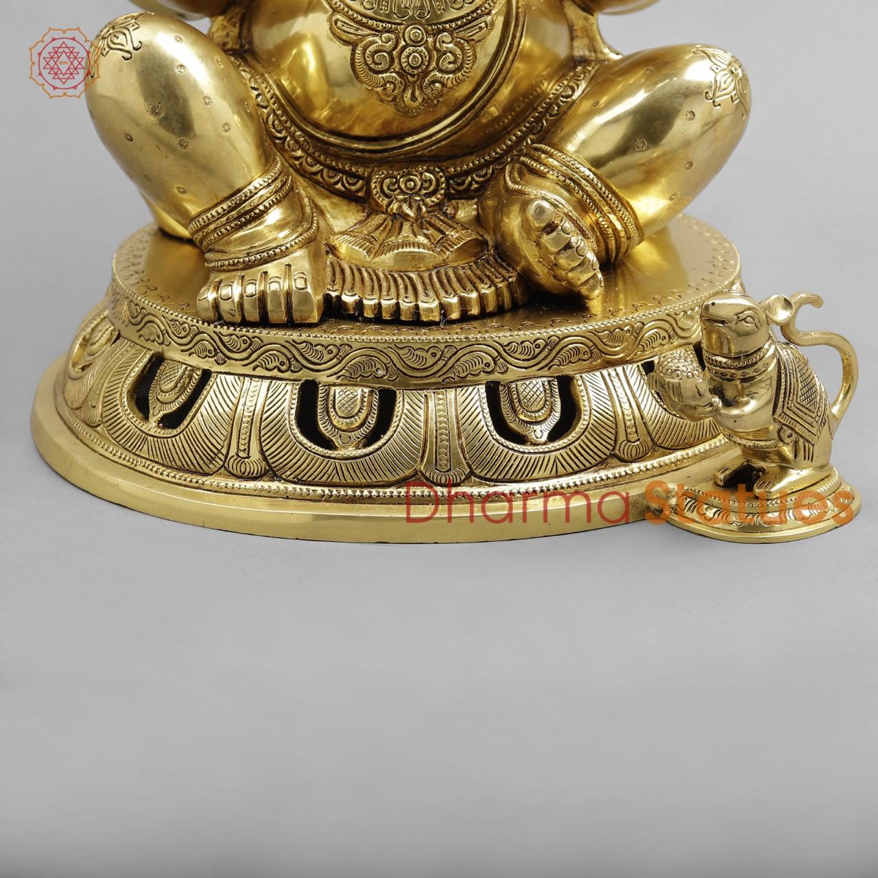 Brass Ganesh seated fine Carving, Fine Golden finish 18”