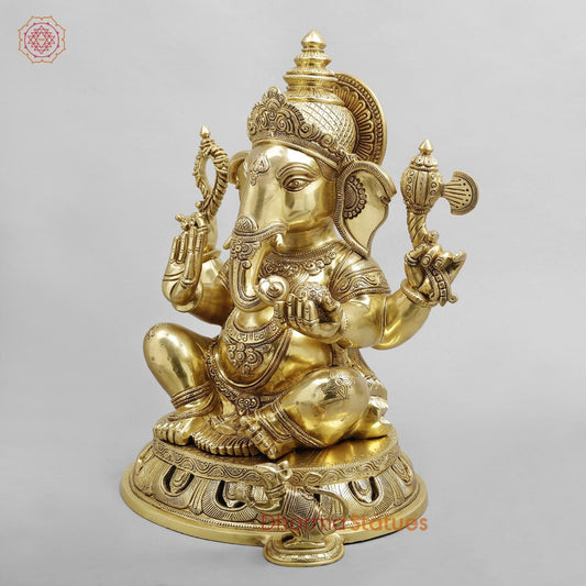 Brass Ganesh seated fine Carving, Fine Golden finish 18”