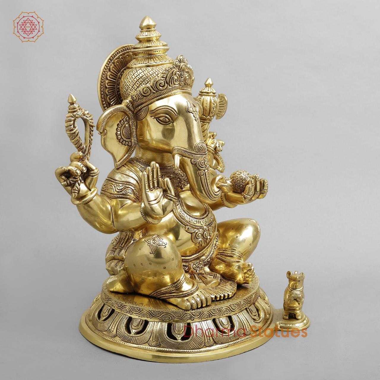 Brass Ganesh seated fine Carving, Fine Golden finish 18”