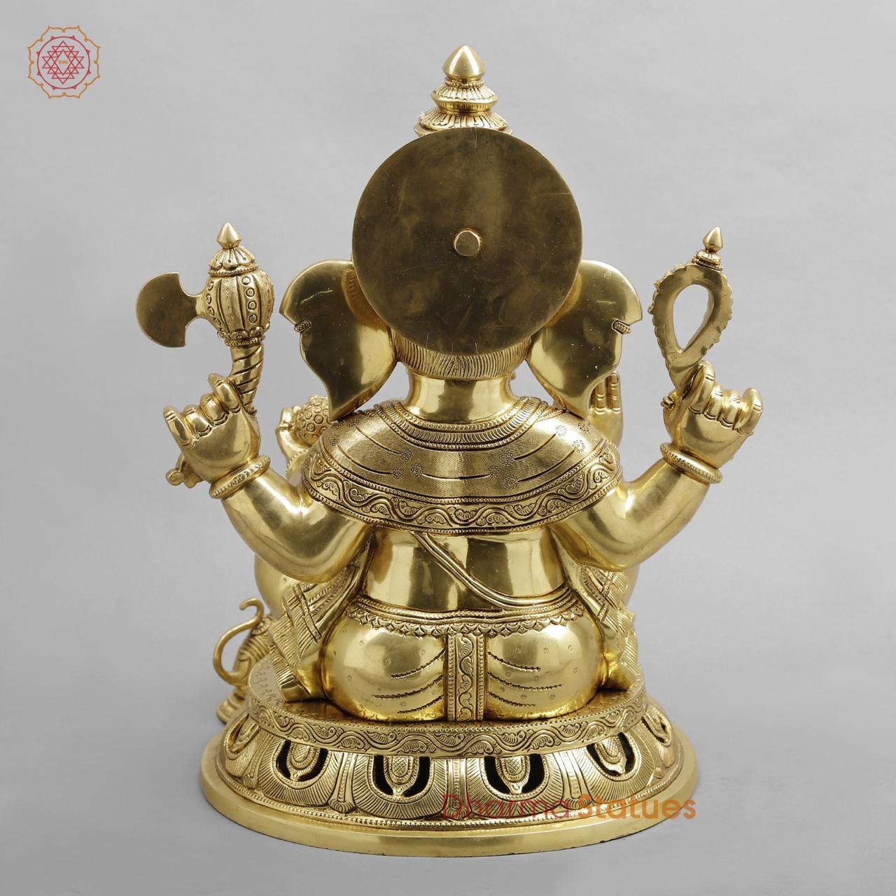 Brass Ganesh seated fine Carving, Fine Golden finish 18”