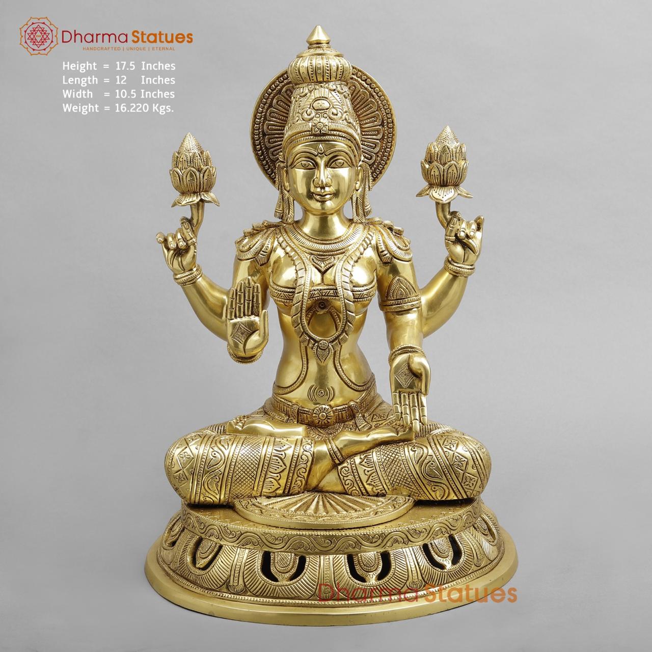 Brass Lakshmi seated fine Carving, Fine Golden finish 17.5”