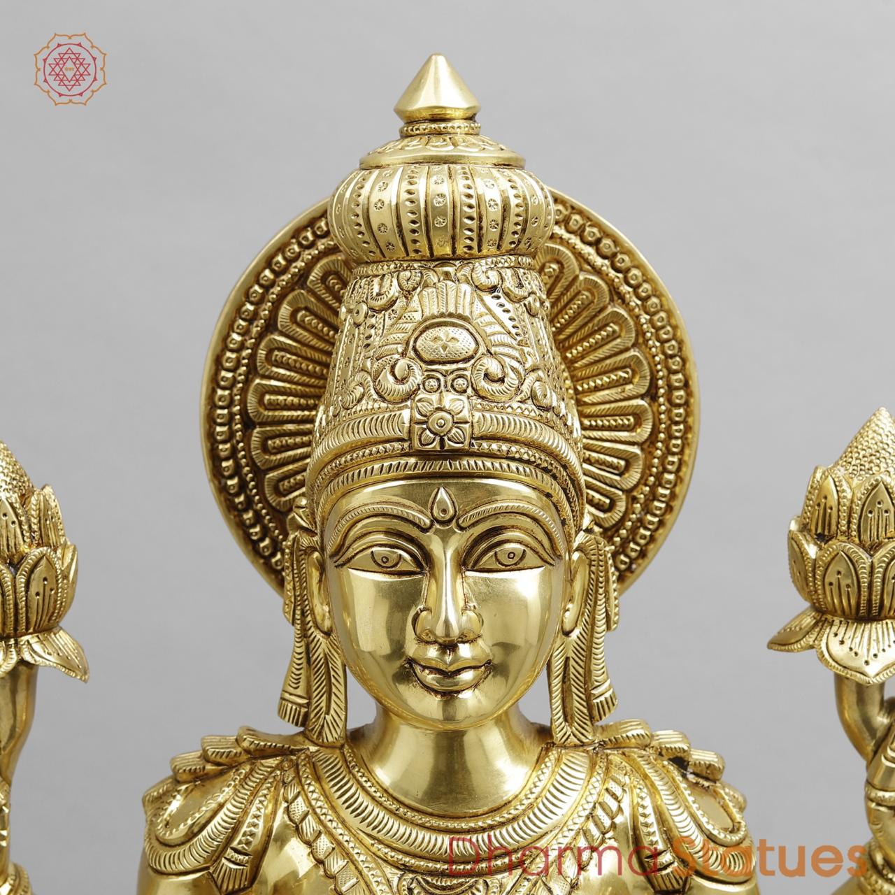 Brass Lakshmi seated fine Carving, Fine Golden finish 17.5”