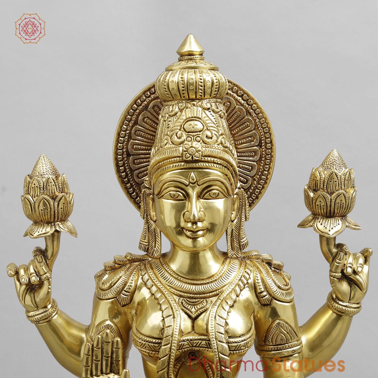 Brass Lakshmi seated fine Carving, Fine Golden finish 17.5”