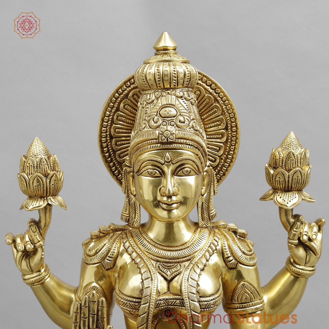 Brass Lakshmi seated fine Carving, Fine Golden finish 17.5”