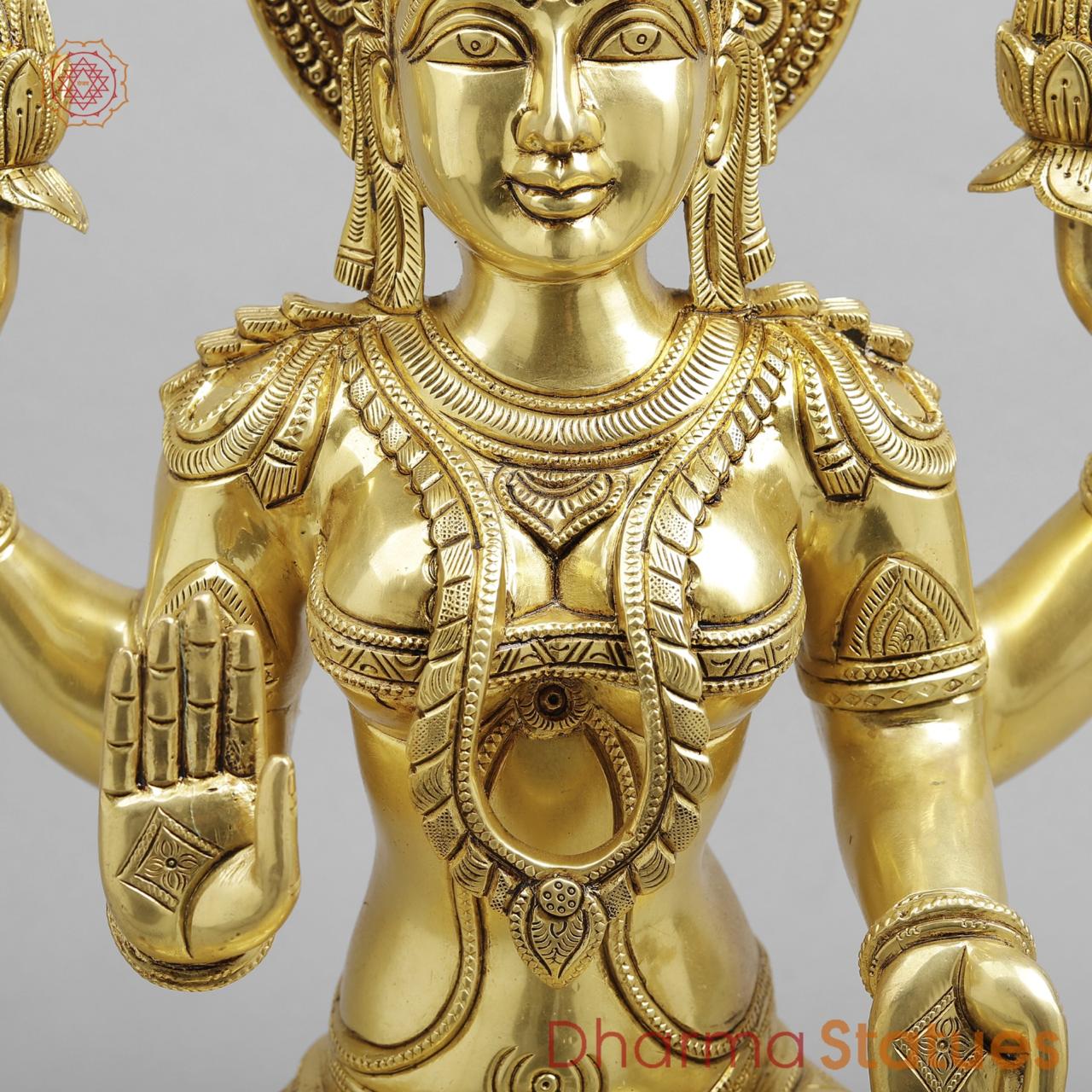 Brass Lakshmi seated fine Carving, Fine Golden finish 17.5”