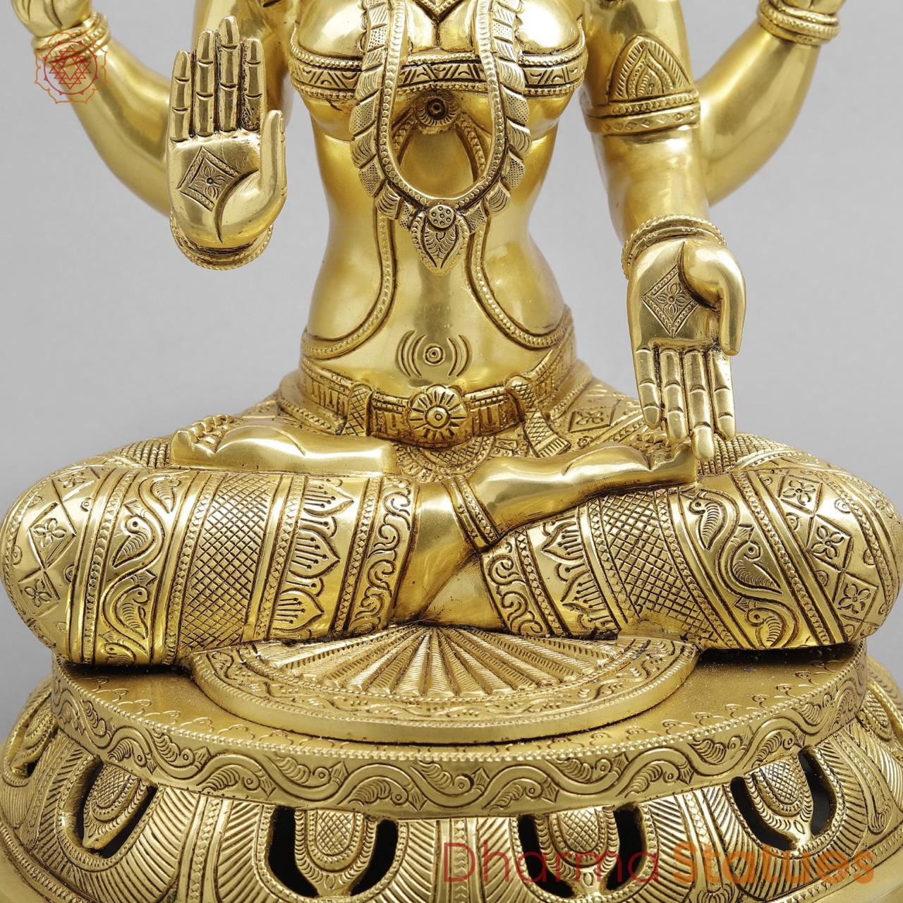 Brass Lakshmi seated fine Carving, Fine Golden finish 17.5”