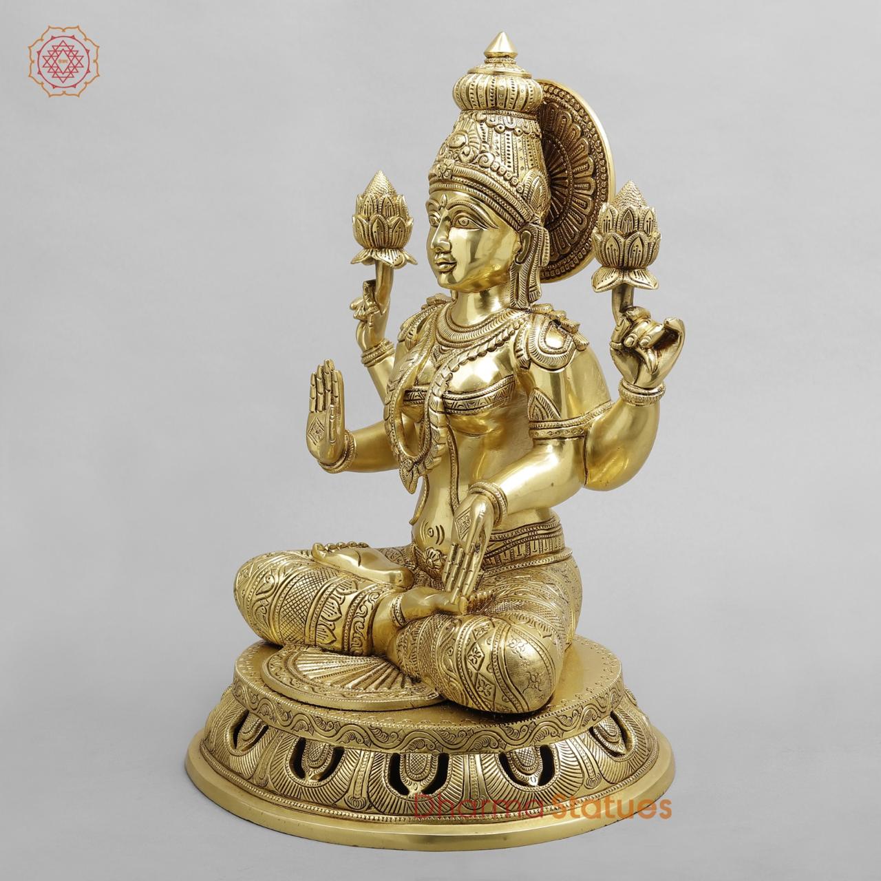 Brass Lakshmi seated fine Carving, Fine Golden finish 17.5”