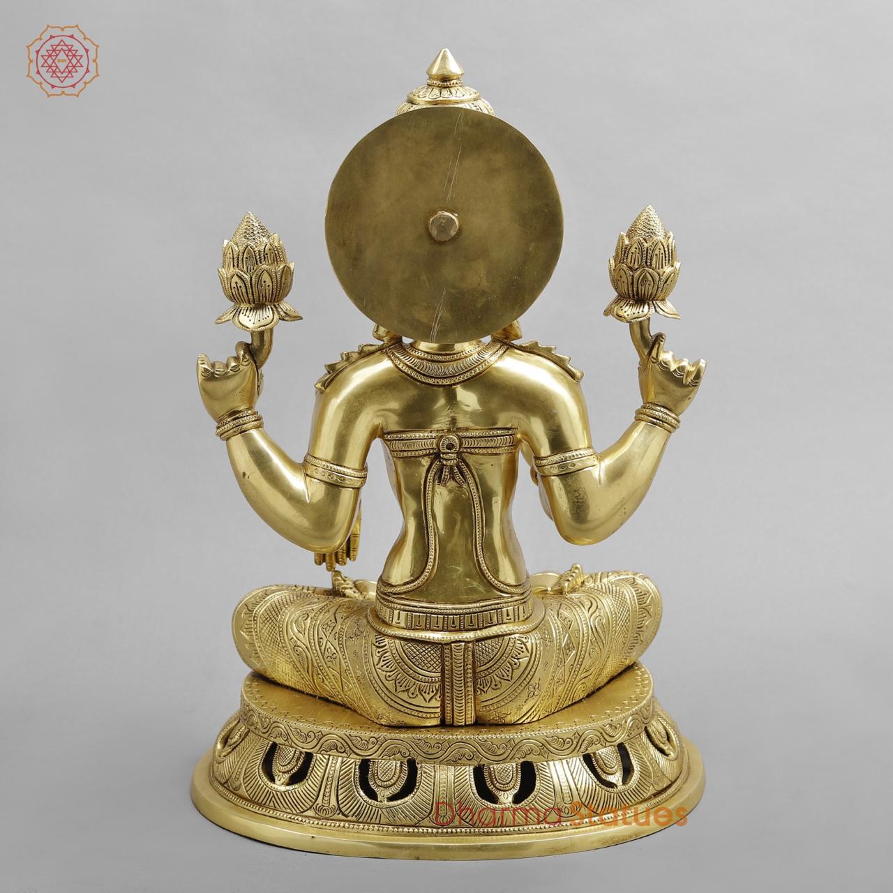 Brass Lakshmi seated fine Carving, Fine Golden finish 17.5”