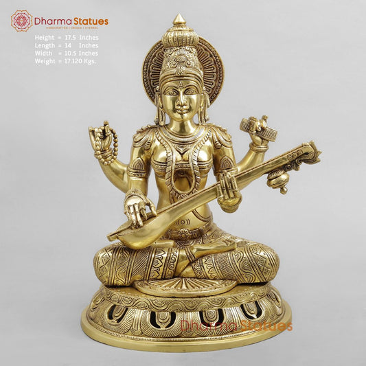 Brass Saraswati Seated Fine Carving, Fine golden finish 17.5”