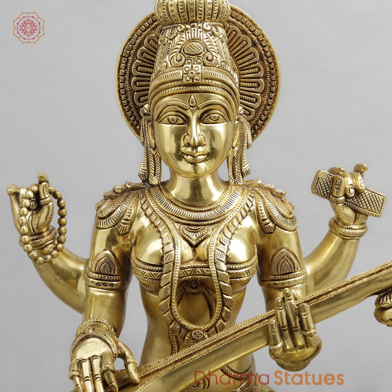Brass Saraswati Seated Fine Carving, Fine golden finish 17.5”