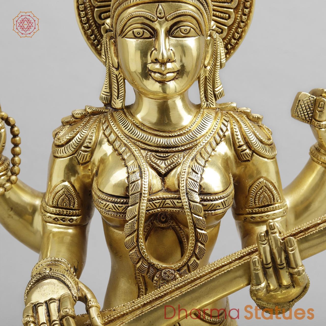 Brass Saraswati Seated Fine Carving, Fine golden finish 17.5”
