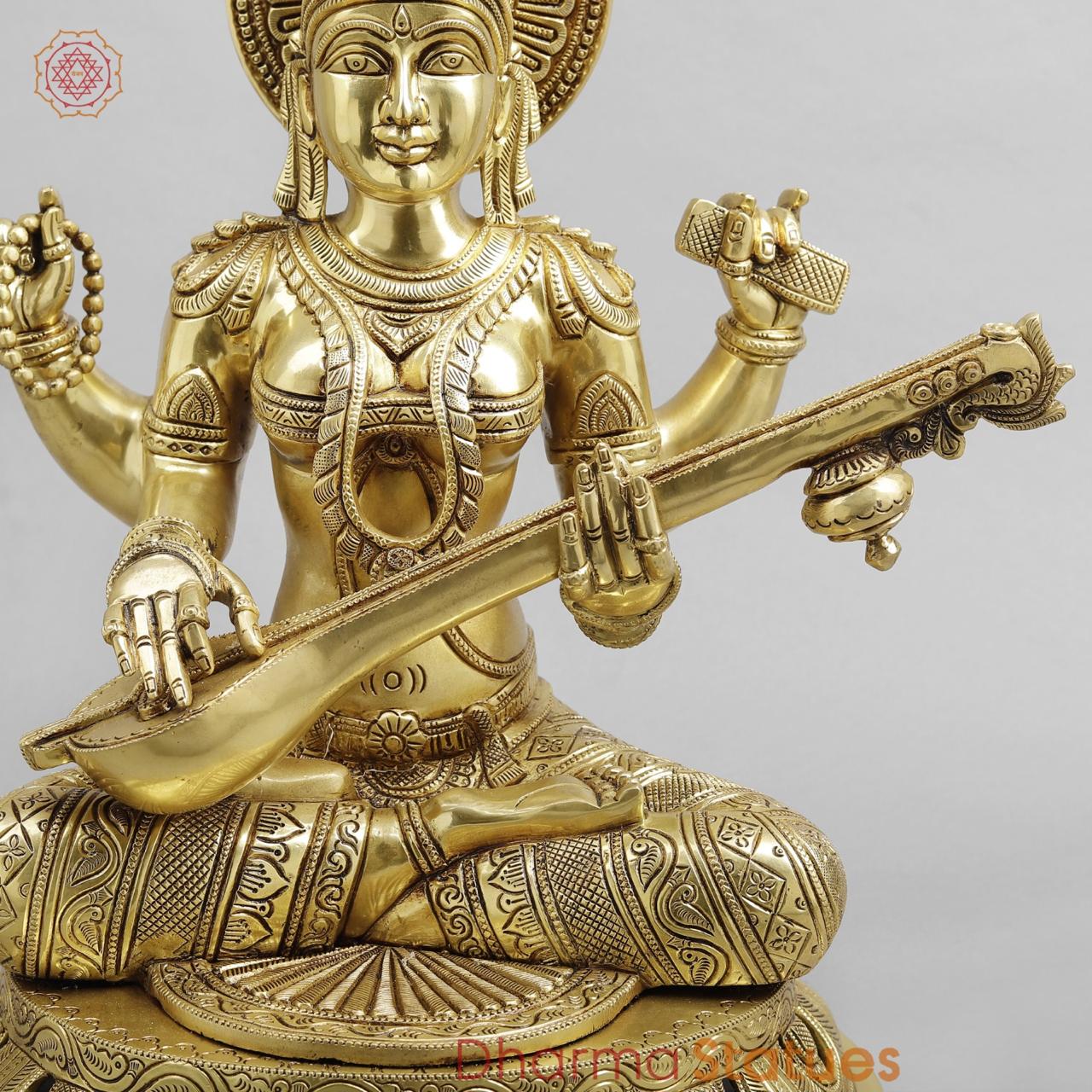 Brass Saraswati Seated Fine Carving, Fine golden finish 17.5”