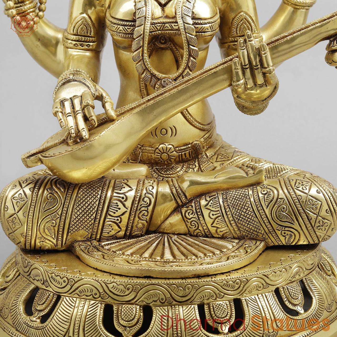 Brass Saraswati Seated Fine Carving, Fine golden finish 17.5”