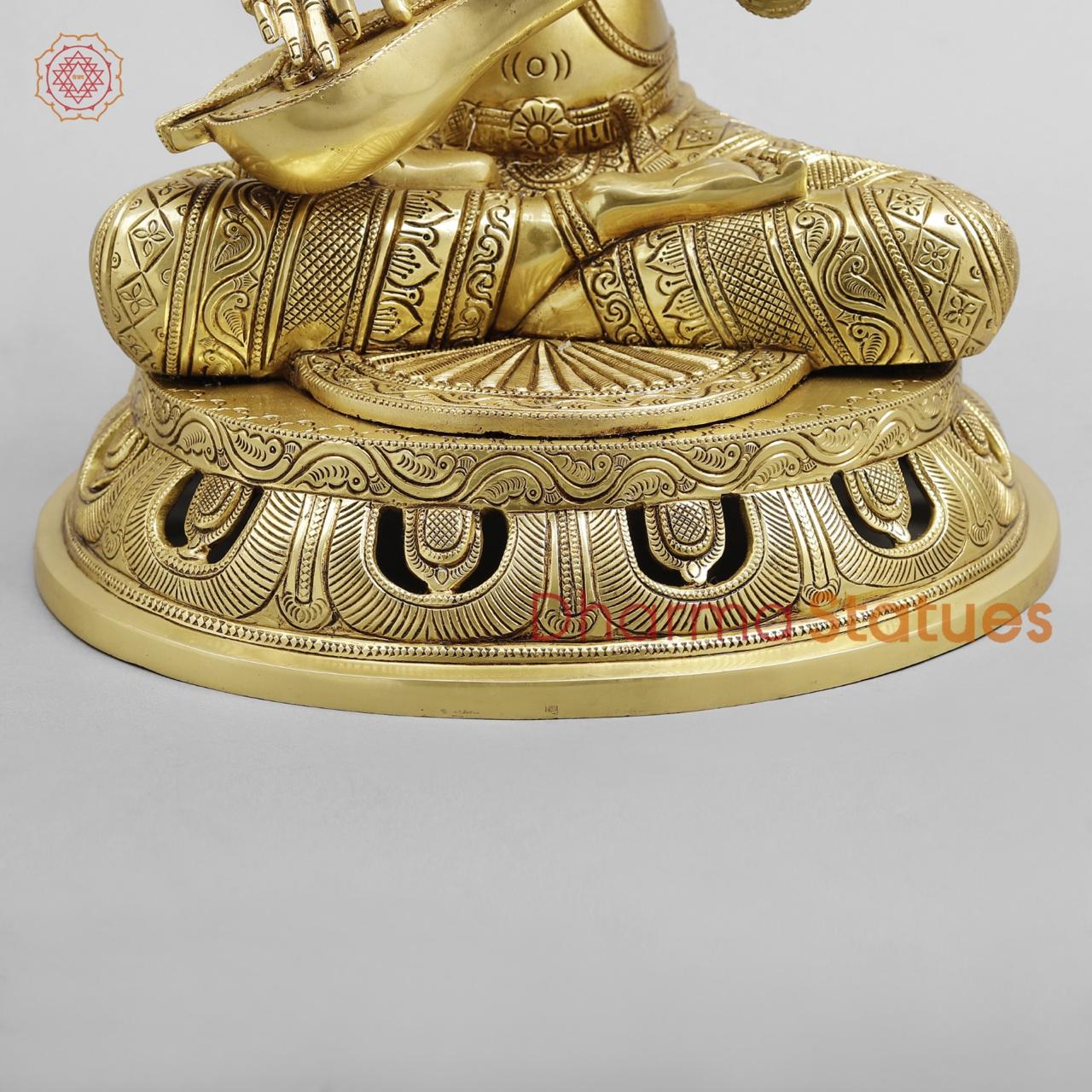 Brass Saraswati Seated Fine Carving, Fine golden finish 17.5”