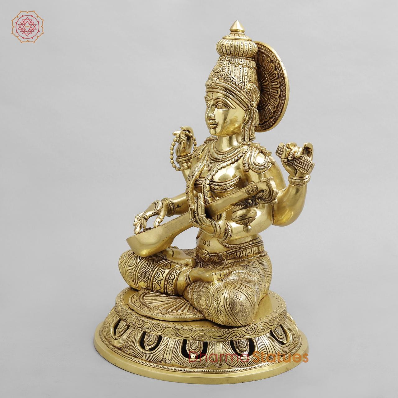 Brass Saraswati Seated Fine Carving, Fine golden finish 17.5”