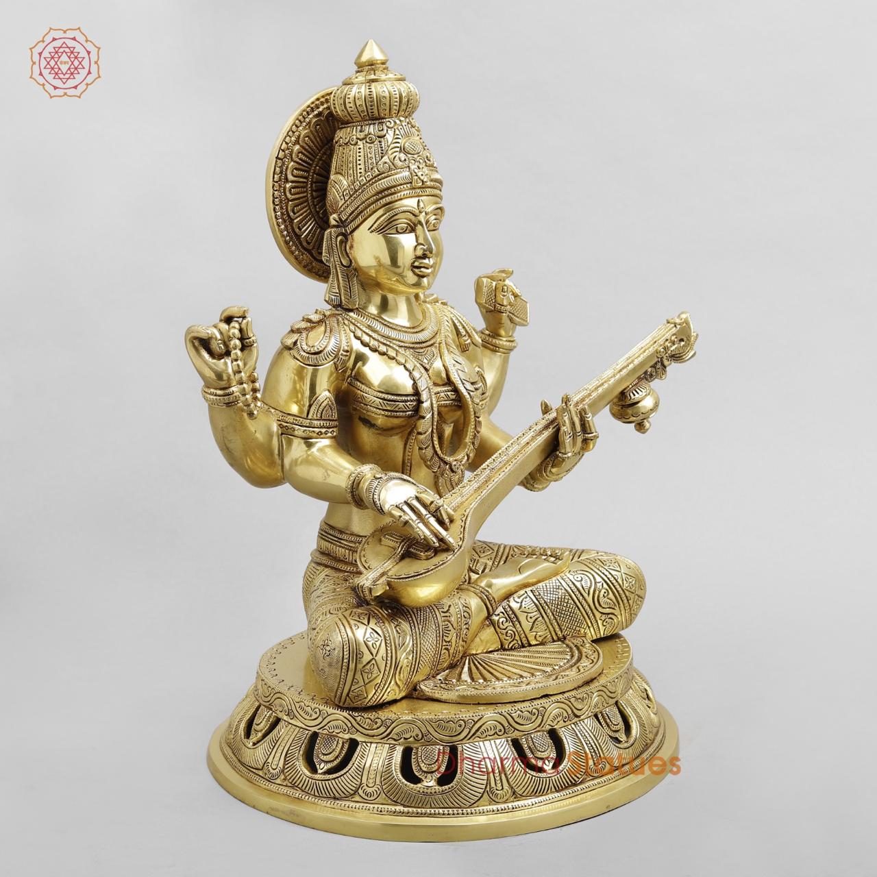 Brass Saraswati Seated Fine Carving, Fine golden finish 17.5”