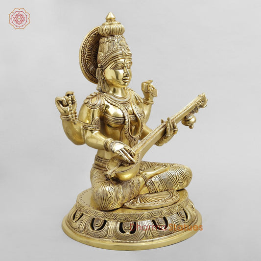 Brass Saraswati Seated Fine Carving, Fine golden finish 17.5”