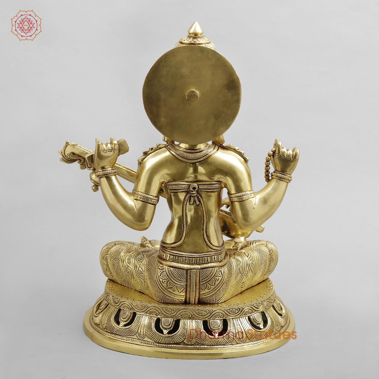 Brass Saraswati Seated Fine Carving, Fine golden finish 17.5”