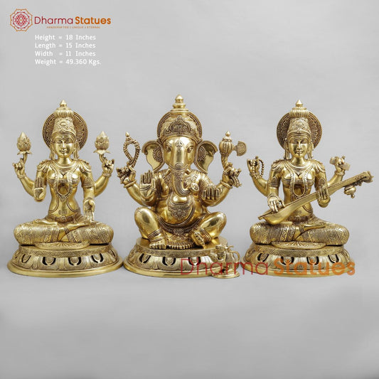Brass Laxmi Ganesh Saraswati fine Carving , Fine Golden finish 18”