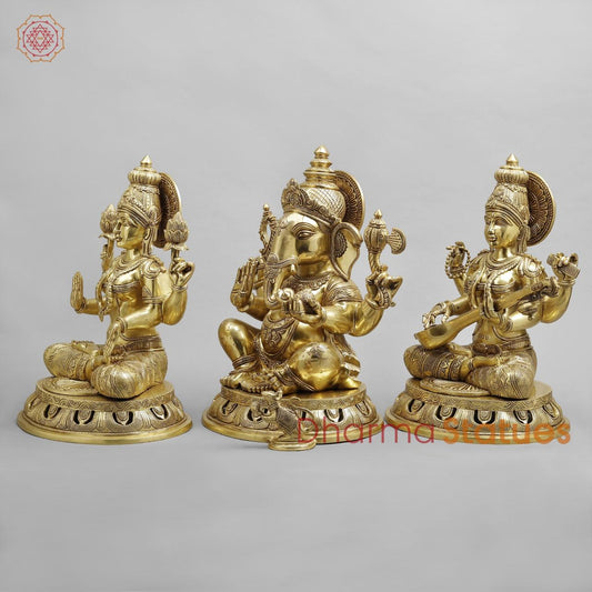 Brass Laxmi Ganesh Saraswati fine Carving , Fine Golden finish 18”