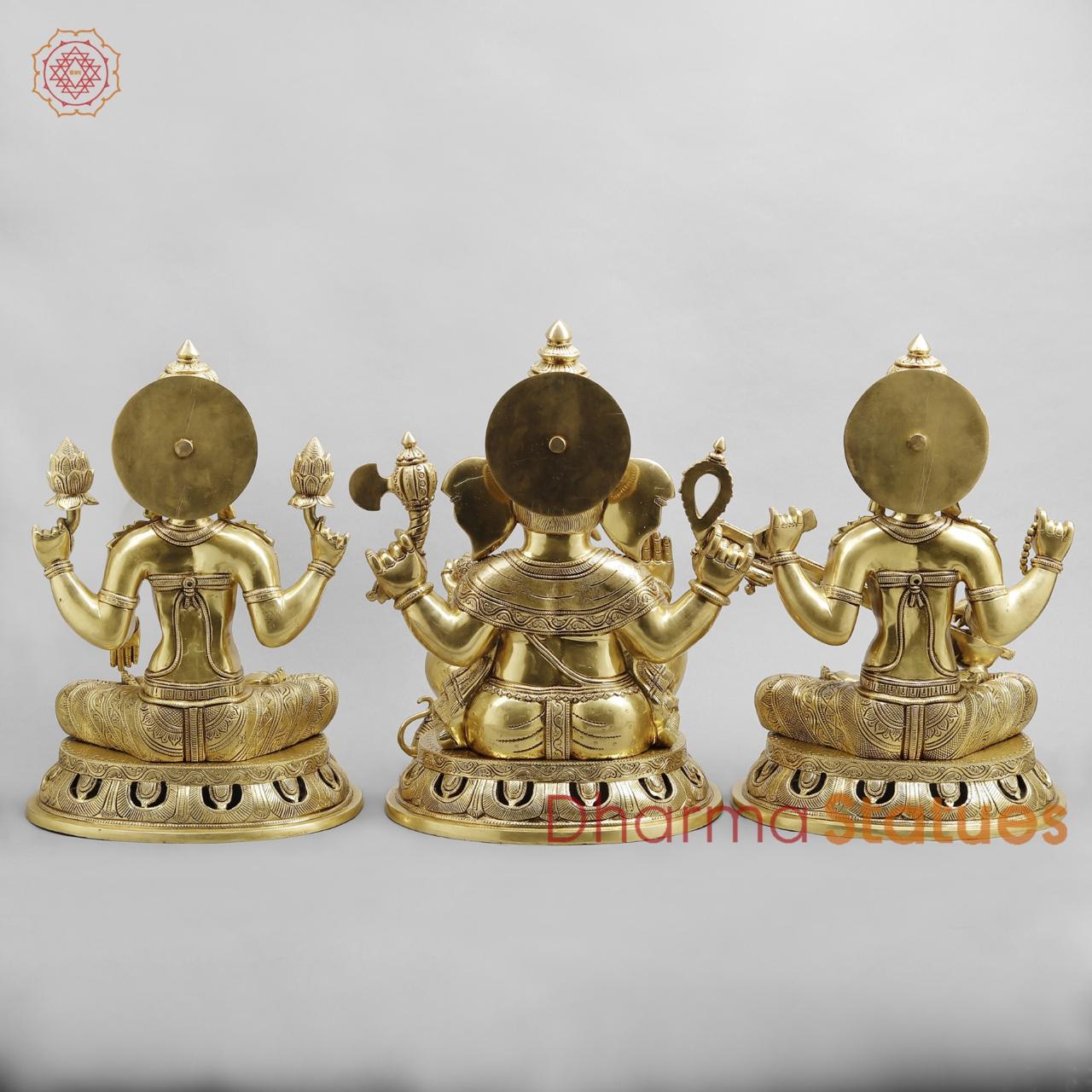 Brass Laxmi Ganesh Saraswati fine Carving , Fine Golden finish 18”