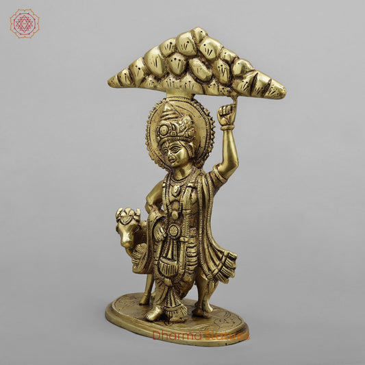 Brass Krishna Lifting Govardhan Parvat, Smooth finish 10”