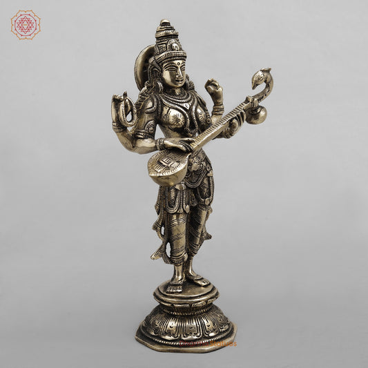 Brass Saraswati standing, Smooth finish 10”