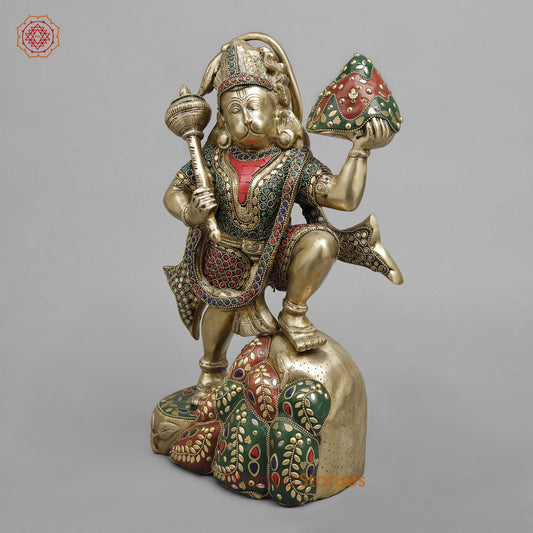 Brass Hanuman ji Standing Lifting mountain, Fine stone Work 15”