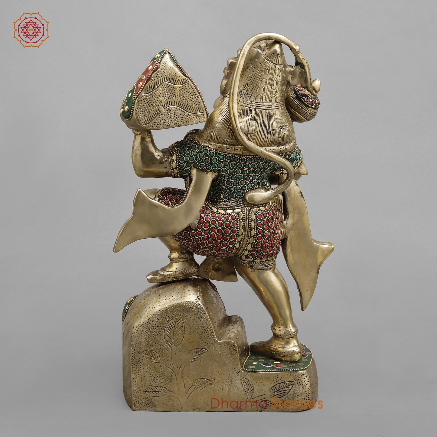 Brass Hanuman ji Standing Lifting mountain, Fine stone Work 15”