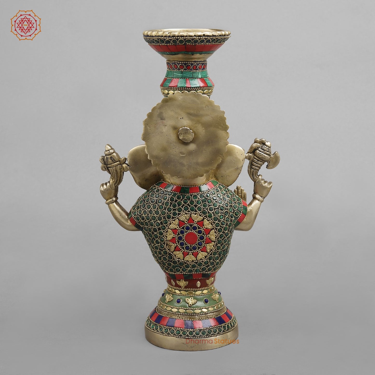 Brass Ganesh Candle Holder, Fine stone work 13”