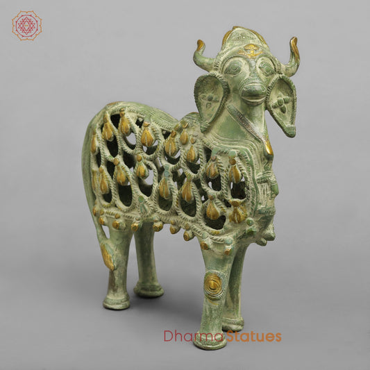 Brass Bastar Design Nandi Standing, Leaf Green Patina 8.5”