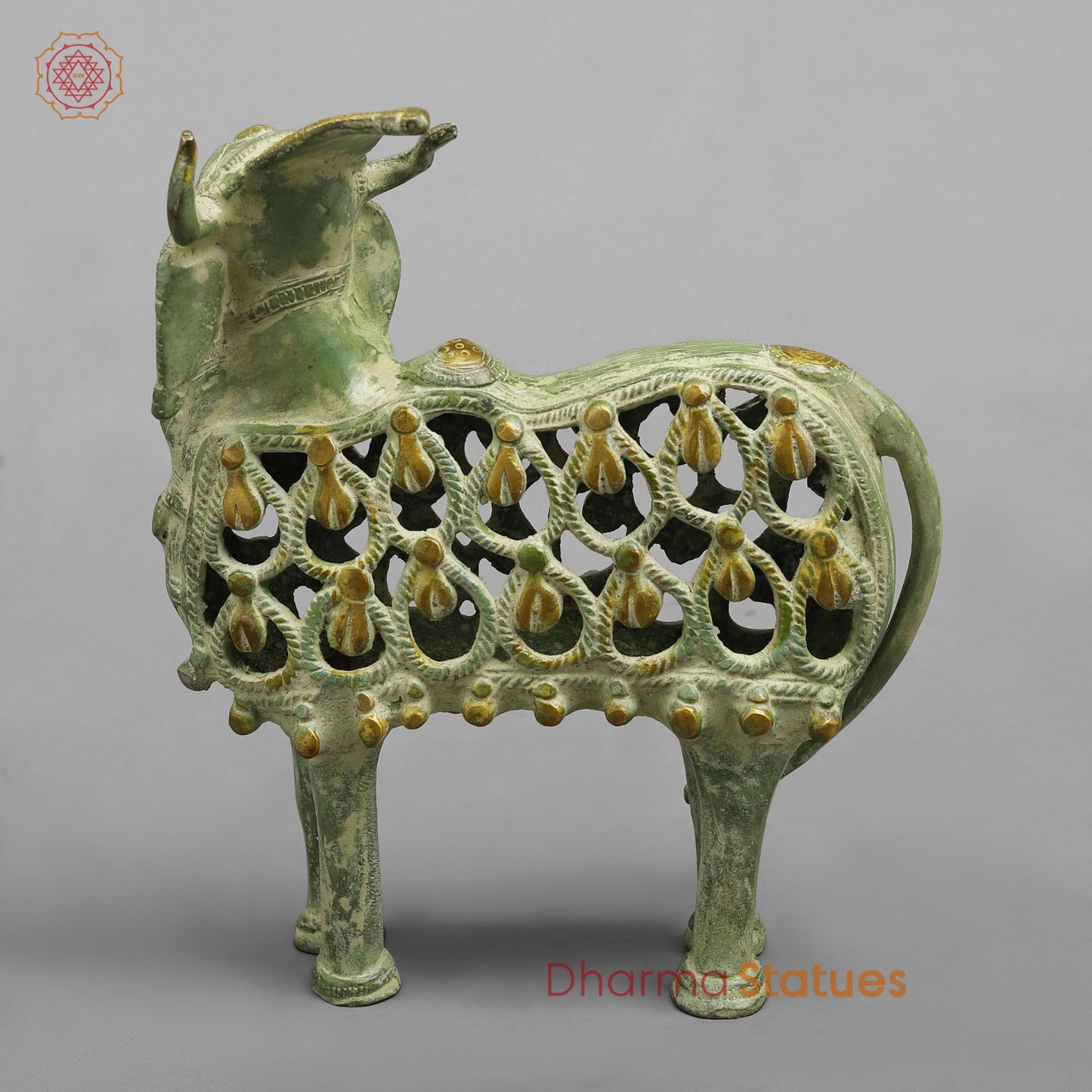 Brass Bastar Design Nandi Standing, Leaf Green Patina 8.5”