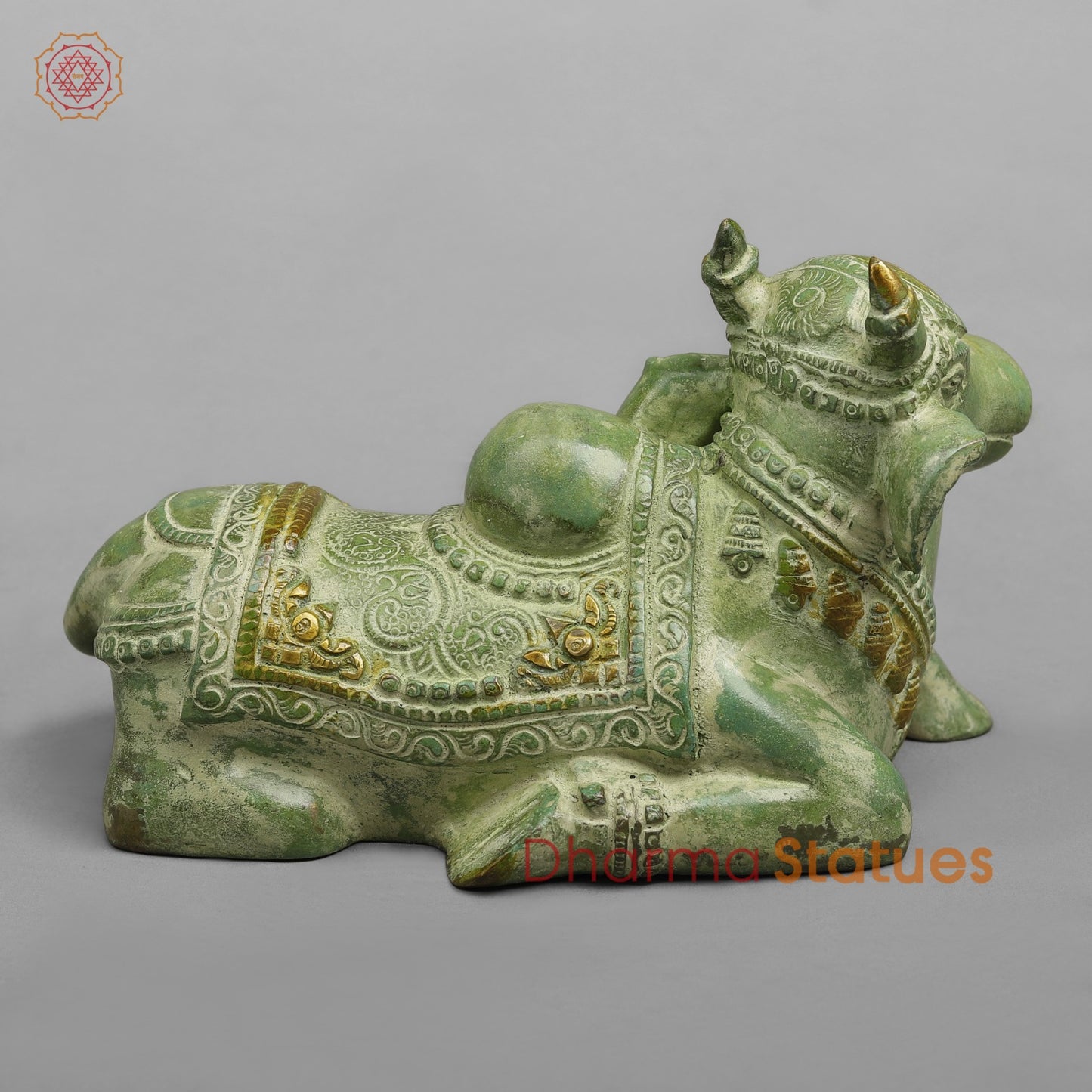 Brass Nandi seated Fine, Leaf Green Patina 8”