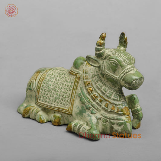 Brass Nandi seated Fine, Leaf Green Patina 7”
