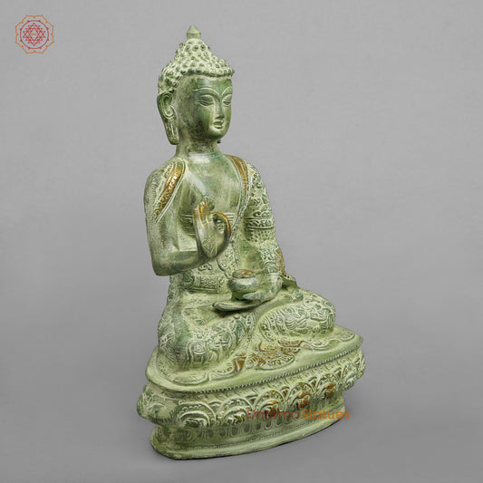 Brass Life Story Buddha, Leaf Green Patina 12”